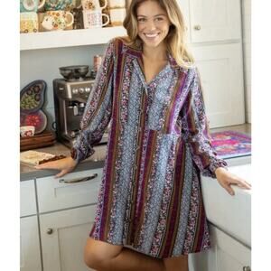 Natural Life Ansley Boho Oversized Tunic Shirt Dress in Multicolor Stripe Small